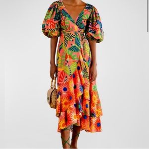 FARM Rio Coral Mixed Graphic Macaws Puff Sleeve Midi Drsss